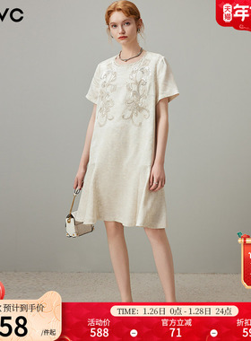 dfvc人丝亚麻复古重工钉珠连衣裙女2025年夏季新款宽松中长款裙子