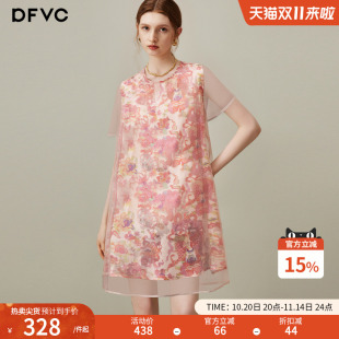 dfvc粉色复古印花连衣裙女2025年夏季 网纱拼接宽松小个子裙子 新款