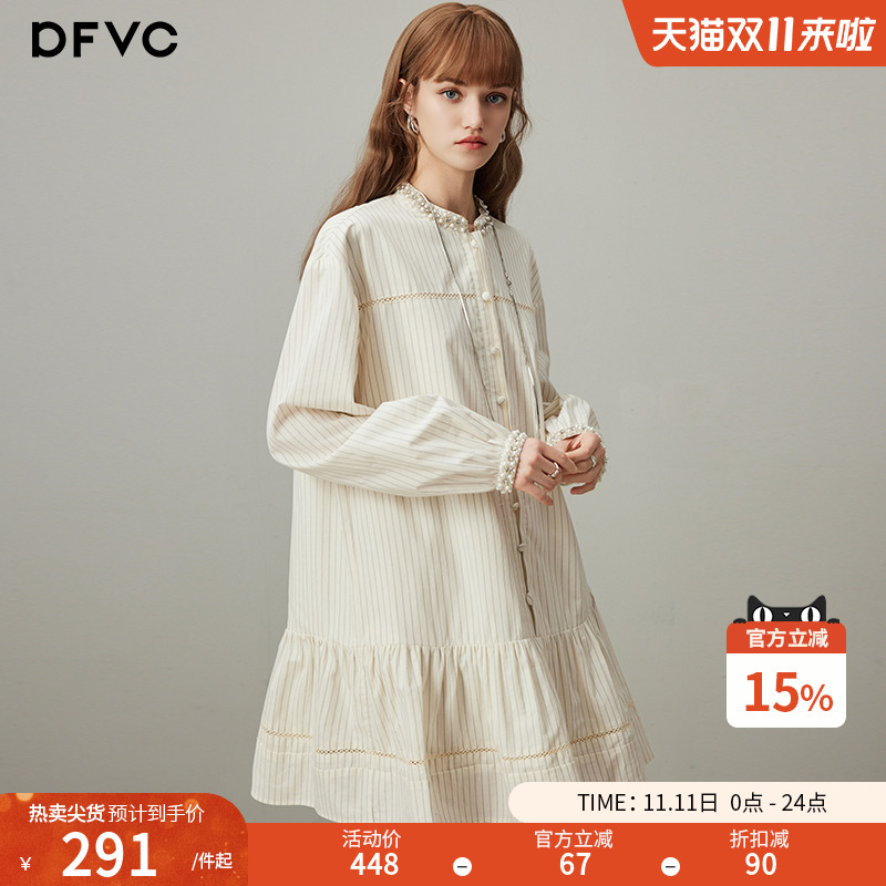 dfvc纯棉通勤复古衬衫连衣裙条纹