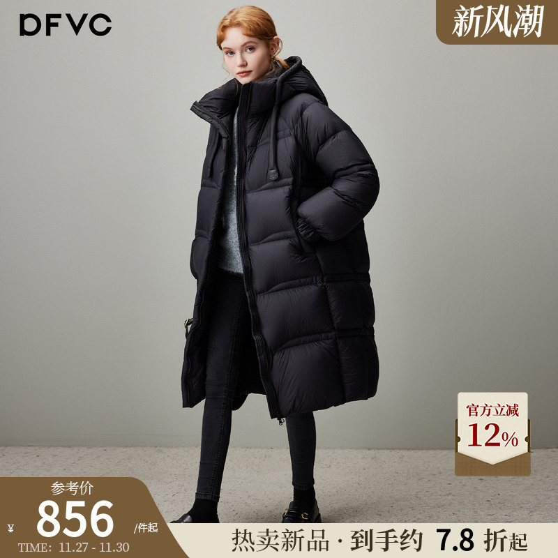 dfvc黑色中长款泡芙羽绒服女2025年冬季新款连帽加厚白鸭绒面包服