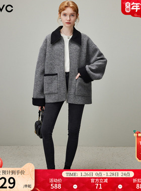 dfvc灰色韩版羊毛短款毛呢外套女2025年冬季新款翻领宽松加厚大衣