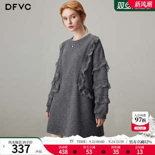 dfvc时尚休闲圆领卫衣裙女2026年冬季新款蕾丝花边宽松冬装连衣裙