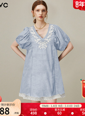 dfvc苎麻复古绣花V领衬衫裙女2025年夏季新款小个子宽松连衣裙薄