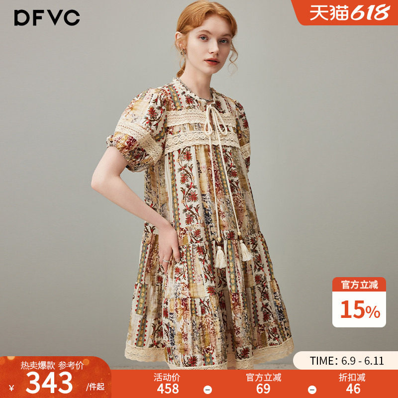 dfvc亚麻复古印花连衣裙女2026夏季新款系带领蕾丝拼接宽松娃娃裙