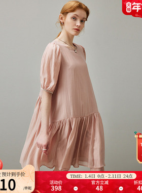 dfvc粉色温柔风连衣裙女夏季2025新款泡泡袖飘带宽松中长款a字裙