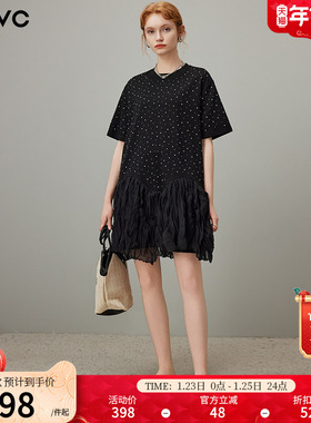 dfvc黑色满天星烫钻圆领短袖t恤裙女2025夏季新款荷叶边连衣裙子