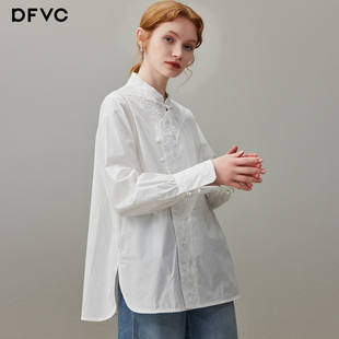 新款 dfvc白色纯棉新中式 女2026春季 衬衫 斜襟宽松上衣 国风刺绣长袖