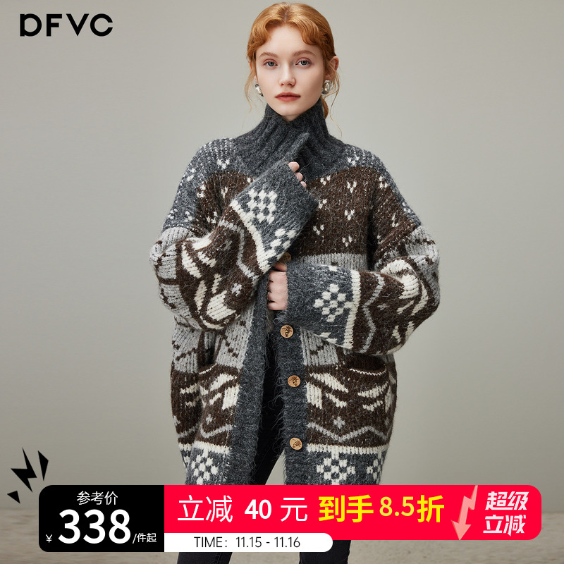 dfvc复古费尔岛提花针织开衫女2025年冬季新款宽松中长款毛衣外套