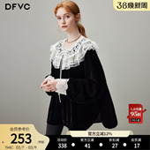 新款 dfvc黑色法式 女2026年春季 丝绒衬衫 宽松复古风上衣 荷叶领长袖