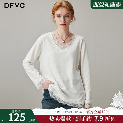 dfvc白色蕾丝拼接V领长袖T恤女2025年秋季新款低领宽松内搭打底衫