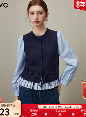 dfvc韩版蓝色假两件长袖衬衫女2026年春季新款设计感针织拼接上衣