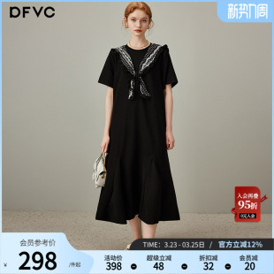 dfvc黑色海军领披肩t恤裙女2026年夏季 宽松长裙休闲连衣裙子 新款