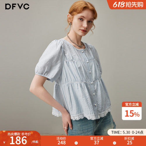 dfvc亚麻法式短袖衬衫减龄娃娃衫
