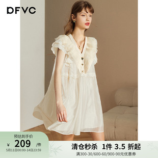 宽松飞飞袖 dfvc白色v领荷叶边天丝连衣裙女夏2024新款 a字娃娃裙子