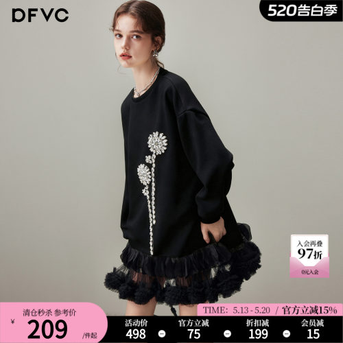 dfvc黑色休闲长袖圆领卫衣连衣裙