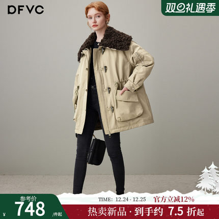 dfvc大翻领中长款羽绒服女2025年冬季新款牛角扣白鸭绒保暖派克服