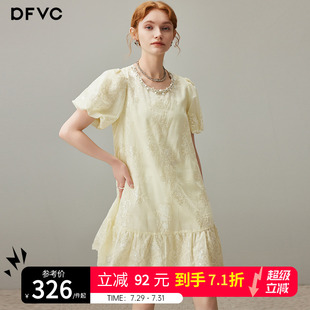 重工刺绣宽松小个子a字裙 dfvc法式 泡泡袖 连衣裙女2025年夏季 新款