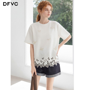 圆领宽松上衣 新款 dfvc白色天丝蝴蝶刺绣镂空短袖 T恤女2026年春季
