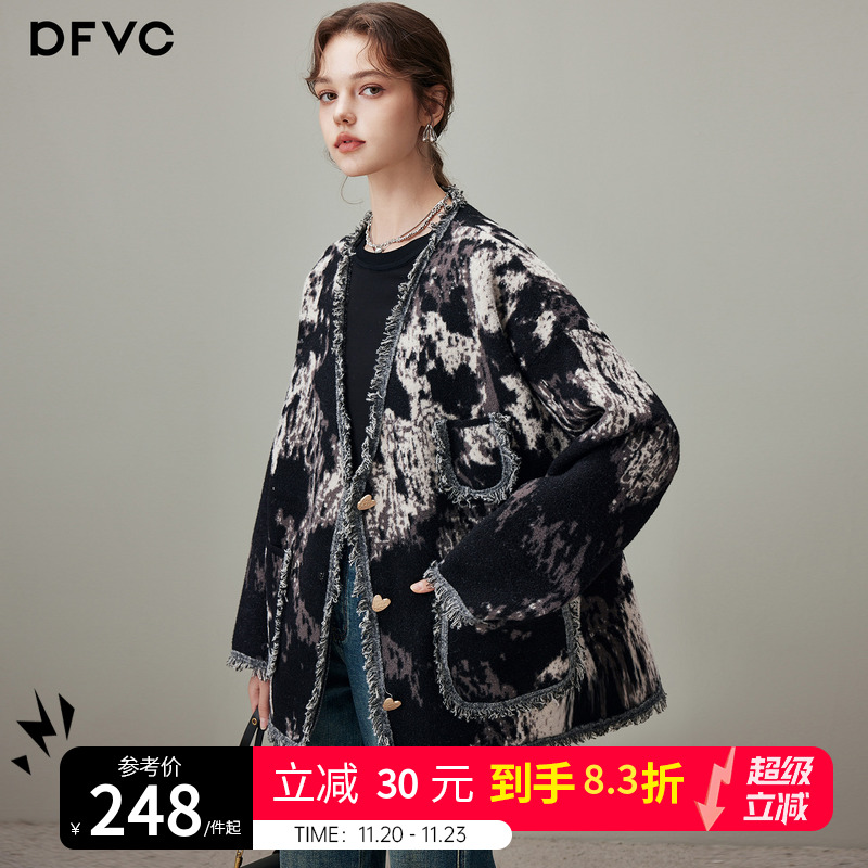 dfvc黑色羊毛中长款针织外套女2025年冬季新款V领流苏宽松毛衣厚