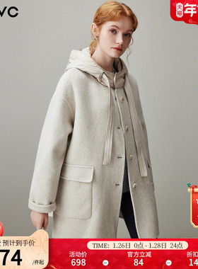 dfvc韩版中长款绵羊毛呢外套女2025年冬季新款连帽宽松双面呢大衣