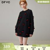 饰宽松中长上衣 立体装 dfvc黑色休闲百搭圆领卫衣女2026年春季 新款