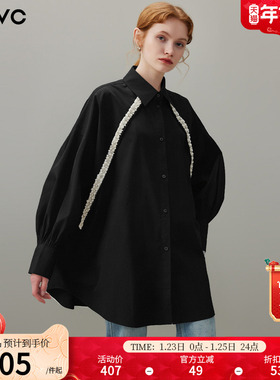 dfvc黑色纯棉通勤风长袖衬衫女2026年春季新款钉珠宽松中长款衬衣