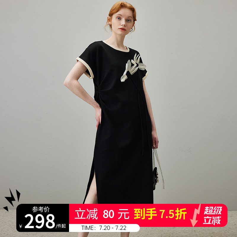 dfvc黑色休闲T恤连衣裙女2025新款夏季立体花朵褶皱开叉中长裙子