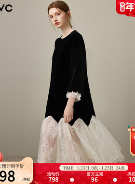dfvc洋气桑蚕丝真丝丝绒连衣裙女2026年春季新款蕾丝拼接中长裙子
