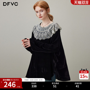 dfvc黑色复古丝绒长袖衬衫女2026年秋季新款荷叶边宽松内搭上衣