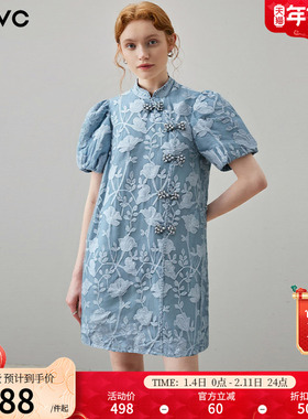 dfvc蓝色新中式国风连衣裙女2025新款夏季刺绣盘扣泡泡袖旗袍裙子