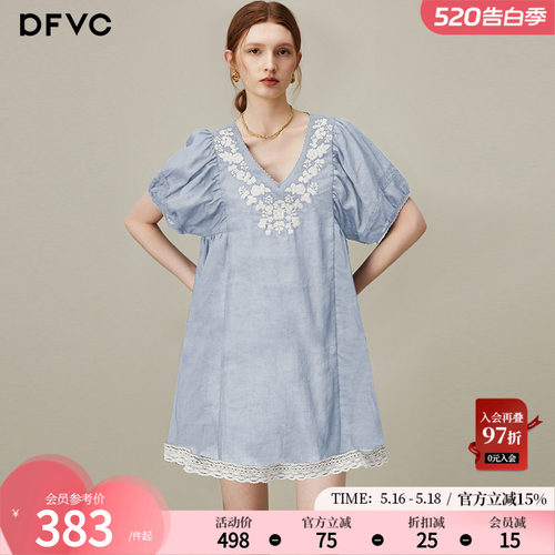 dfvc苎麻复古绣花V领衬衫裙