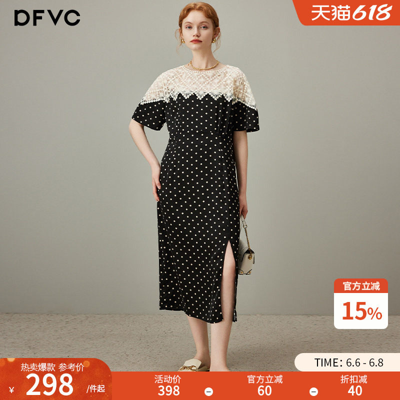 dfvc优雅气质蕾丝拼接波点连衣裙女2026年夏季新款显瘦开叉长裙子