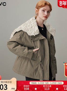 dfvc仿羊羔毛领工装羽绒服女2025年冬季新款短款收腰白鸭绒派克服