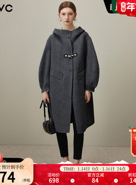 dfvc灰色中长款绵羊毛呢外套女2025年冬季新款连帽宽松双面呢大衣