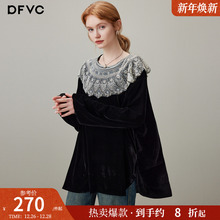 dfvc黑色复古丝绒长袖衬衫女2025年冬季新款荷叶边宽松内搭上衣