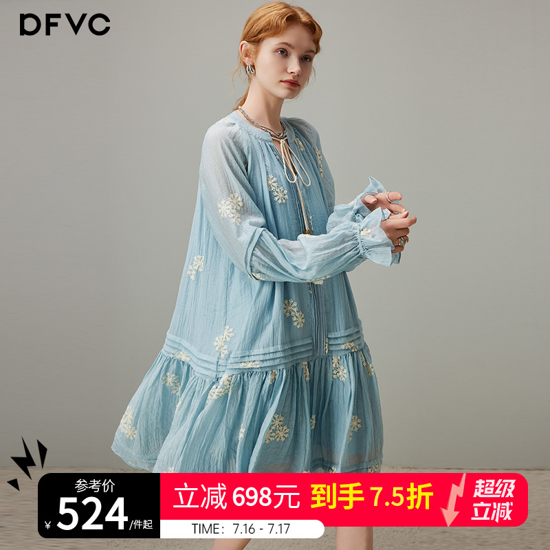 dfvc法式刺绣长袖连衣裙女2025年夏季新款压褶系带喇叭袖宽松裙子