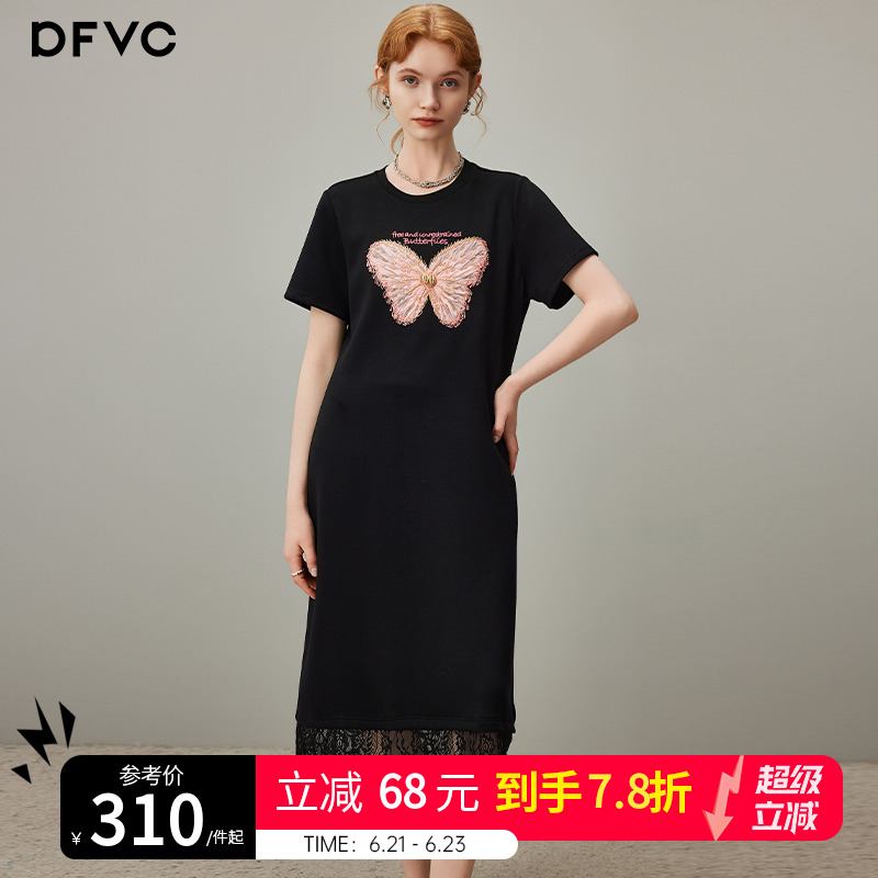 dfvc时尚黑色T恤连衣裙女2025年夏季新款蝴蝶蕾丝拼接显瘦长裙子