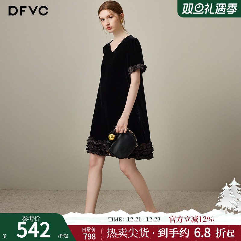 dfvc复古桑蚕丝真丝丝绒连衣裙