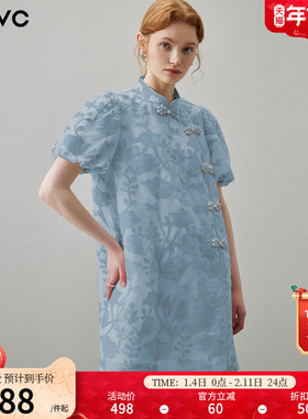 dfvc蓝色新中式国风连衣裙女2025新款夏季刺绣盘扣泡泡袖旗袍裙子