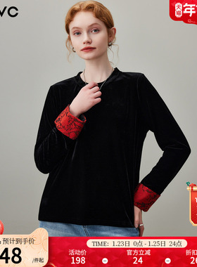 dfvc人丝新中式复古丝绒长袖衬衫女2026年春季新款拼接T恤打底衫