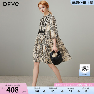 dfvc洋气天丝碎花连衣裙女2026年夏季新款蕾丝拼接七分袖宽松裙子