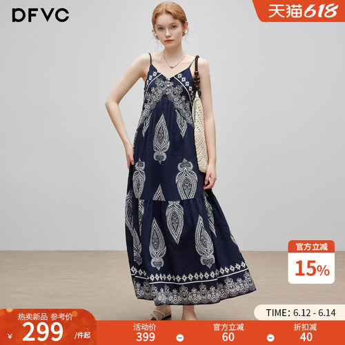 dfvc海边度假风印花吊带连衣裙