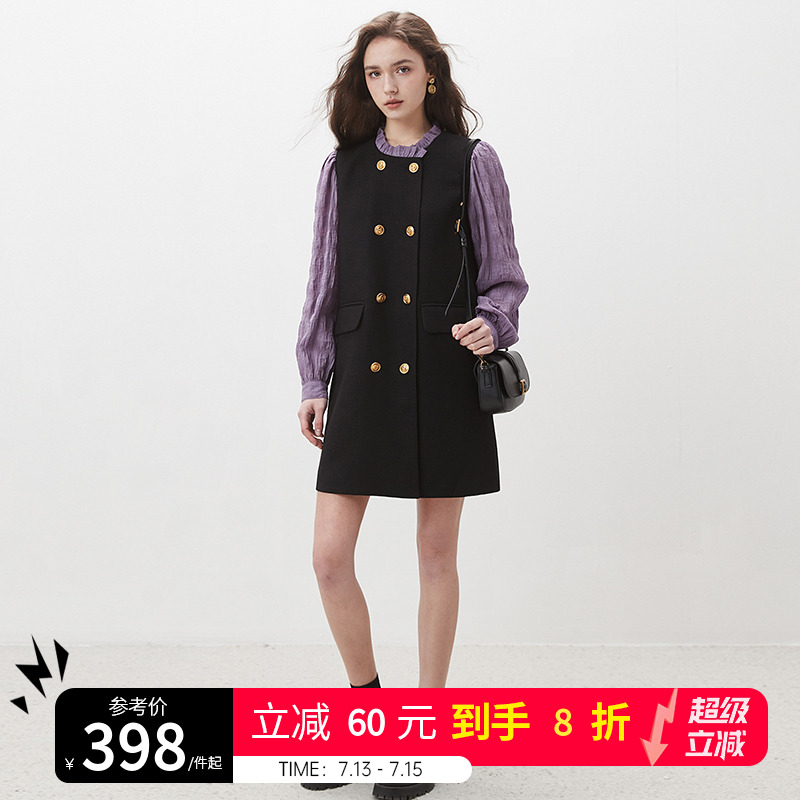 dfvc赫本风木耳边黑色连衣裙女春季2025新款拼接长袖小个子a字裙