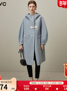 dfvc撞色中长款绵羊毛呢外套女2025年冬季新款连帽宽松双面呢大衣
