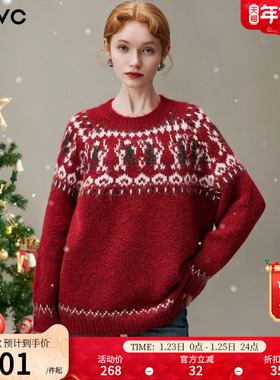 dfvc圣诞节红色费尔岛羊毛衣女2025年冬季新款宽松加厚圆领针织衫
