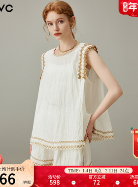dfvc亚麻刺绣花边无袖衬衫套装女2025年夏季新款高腰阔腿短裤背心