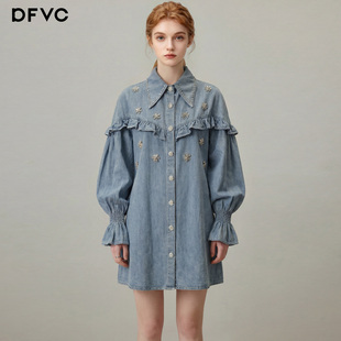 钉珠宽松长袖 新款 连衣裙 裙女2026年春季 dfvc蓝色减龄做旧牛仔衬衫