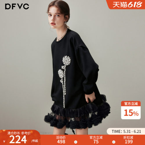dfvc黑色休闲长袖圆领卫衣连衣裙