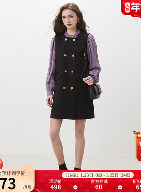 dfvc赫本风木耳边黑色连衣裙女春季2026新款拼接长袖小个子a字裙