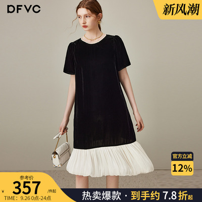 dfvc黑色复古丝绒连衣裙撞色拼接
